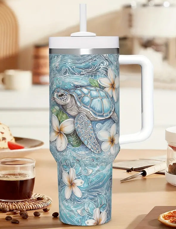 MUG termico in acciaio inossidabile 1183 ml con coperchio e manico – Tartaruga Marina