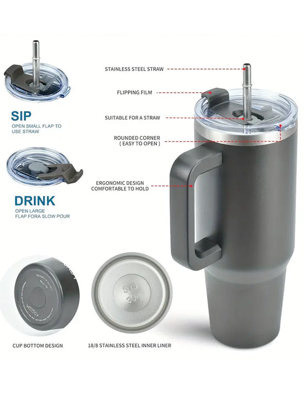 Tumbler termico in acciaio inossidabile con manico e cannuccia – 887 ml