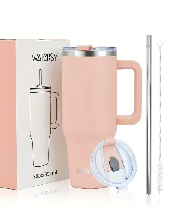 Tumbler termico in acciaio inossidabile con manico e cannuccia – 887 ml