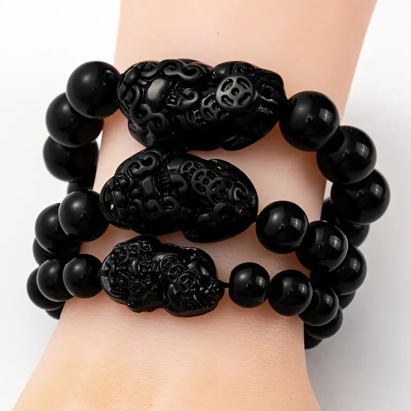 Bracciale Perle e amuleto di ossidiana - 10 mm