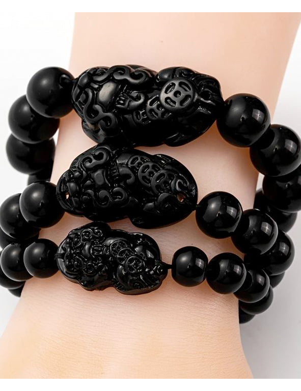 Bracciale Perle e amuleto di ossidiana - 14 mm