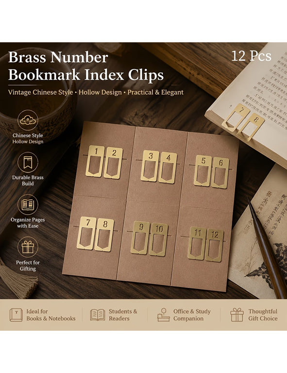 Set 12 Segnalibri Vintage Numerati 1-12 in Ottone – Clip per Agenda, Planner, Diario e Libri