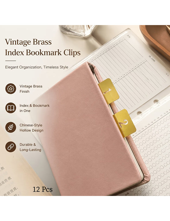Set 12 Segnalibri Vintage Numerati 1-12 in Ottone – Clip per Agenda, Planner, Diario e Libri