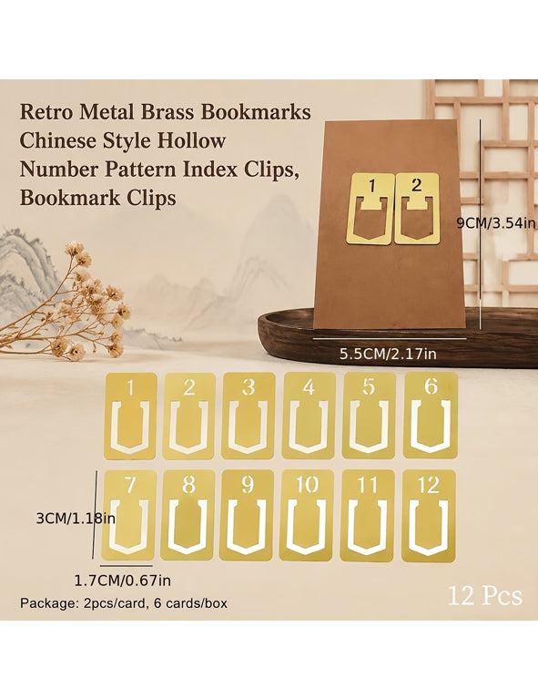 Set 12 Segnalibri Vintage Numerati 1-12 in Ottone – Clip per Agenda, Planner, Diario e Libri