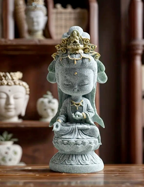 Statua resina grigia e foglia oro - Quan Yin