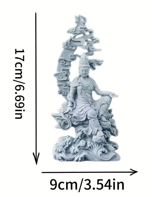 Statua resina Quan Yin seduta con decorazione alle spalle