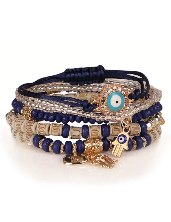 Bracciale Boho 6 fili - Mano di Fatima blu