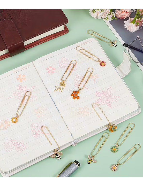 Fermaglio Segnalibro Lungo con Api e Fiori – Clip Decorativa Dorata