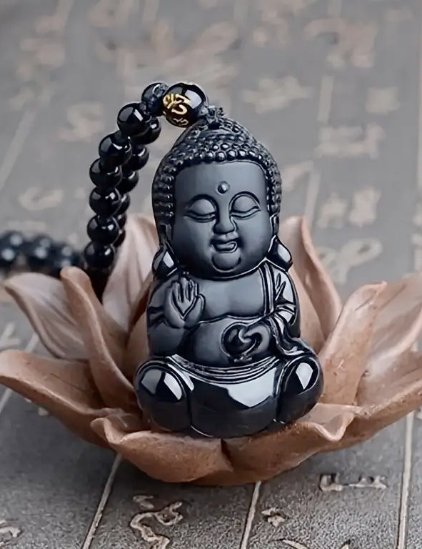 Collana con pendente Buddha in ossidiana