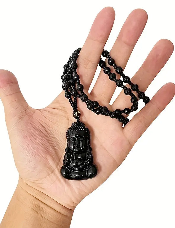 Collana con pendente Buddha in ossidiana